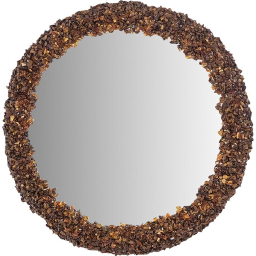 Miroir vintage en pierres semi-précieuses, ambre et oeil de tigre, France