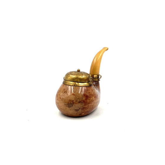 Image 1 of Boîte à tabac vintage en parchemin et laiton en forme de pipe par Aldo Tura, Italie 1950