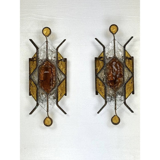 Image 1 of Paire d'appliques en verre de Murano et métal pour Poliarte, Italie 1970