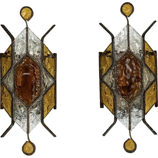 Paire d'appliques en verre de Murano et métal pour Poliarte, Italie 1970