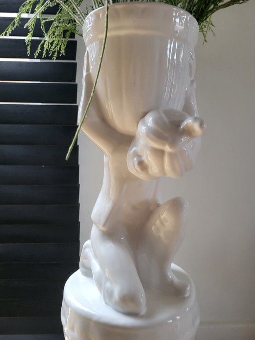 Vintage Pied De Stal Or Plant Stand, Porcelain, Boy With Basket On Pillar