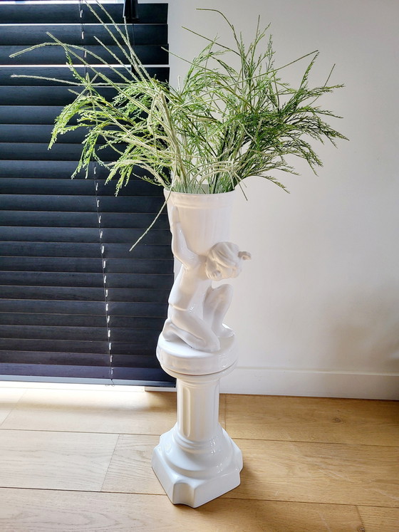 Image 1 of Vintage Pied De Stal Or Plant Stand, Porcelain, Boy With Basket On Pillar