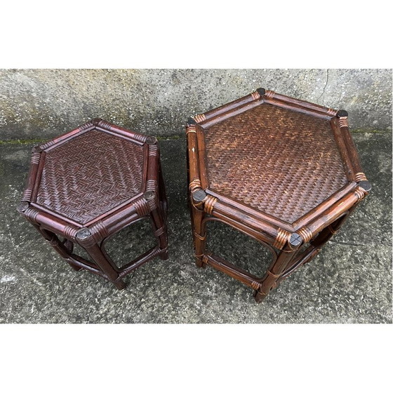 Image 1 of Tables gigognes vintage en bambou et rotin, 1980