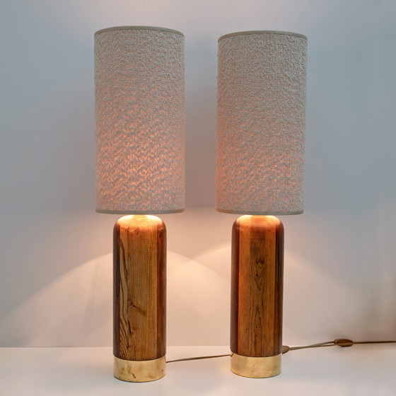 Image 1 of Paire de lampes de table italiennes en bois et laiton de style Mid Century Modern