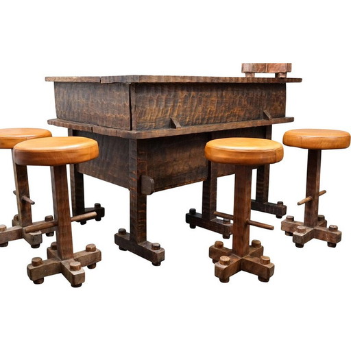 Bar d'angle vintage en bois avec 6 tabourets, 1950