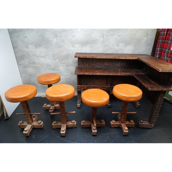 Image 1 of Bar d'angle vintage en bois avec 6 tabourets, 1950