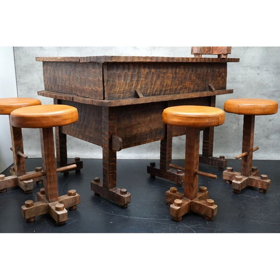 Image 1 of Bar d'angle vintage en bois avec 6 tabourets, 1950