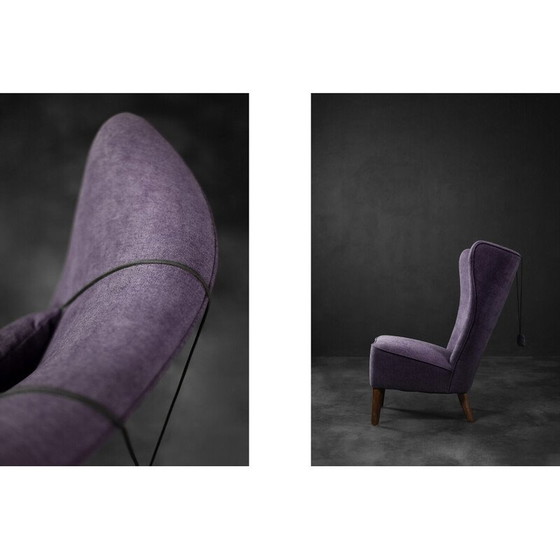 Image 1 of Chaise à oreilles vintage en chêne et tissu violet, Danemark 1950