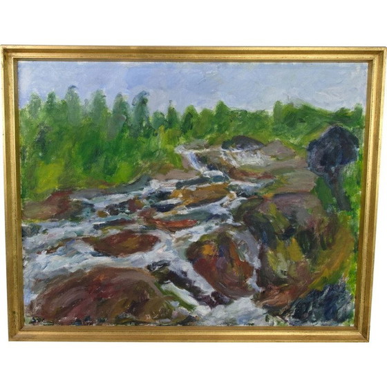 Image 1 of Peinture à l'huile vintage sur toile avec des tons verts et bruns par Sixten Wiklund, 1950