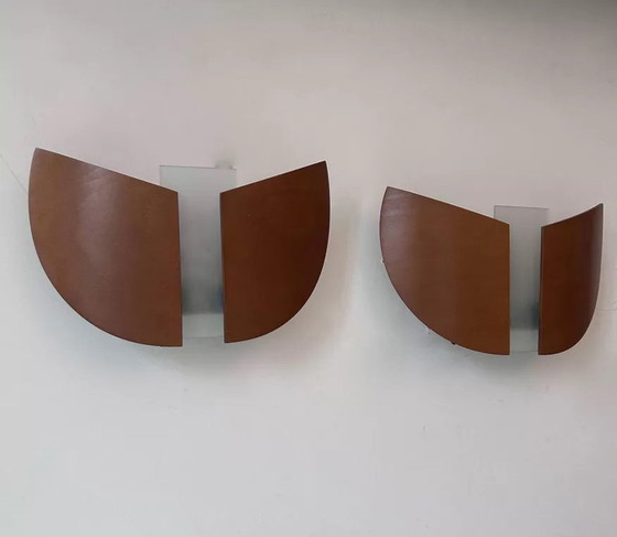 Image 1 of 2X Appliques Vintage Bois Thermoformé Et Verre Sablé, France, 1980