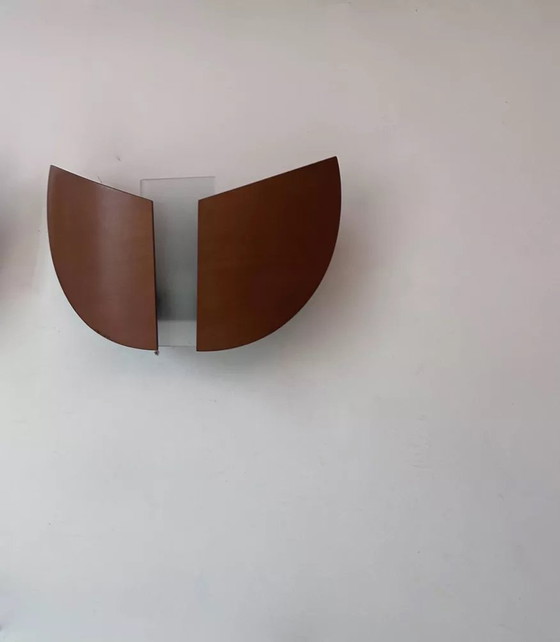 Image 1 of 2X Appliques Vintage Bois Thermoformé Et Verre Sablé, France, 1980