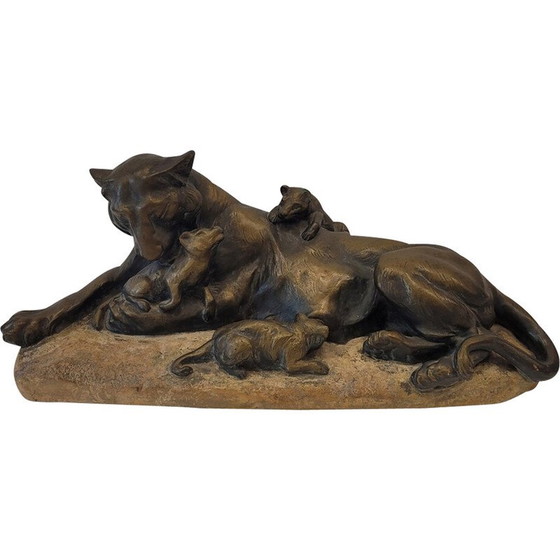 Image 1 of Sculpture vintage "Lionne avec sa portée" en plâtre et patine de bronze par Antoon Amorgasti, Belgique 1900