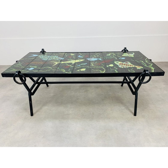 Image 1 of Table basse vintage en fer forgé et lave émaillée par Jacques Adnet et Guidette Carbonell, France 1950
