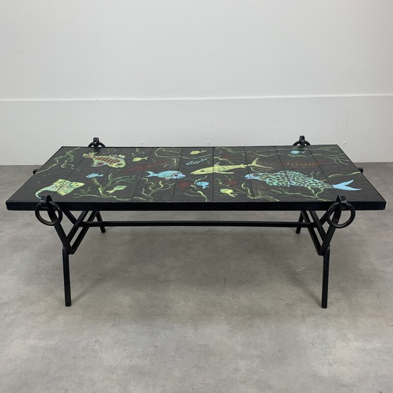 Image 1 of Table basse vintage en fer forgé et lave émaillée par Jacques Adnet et Guidette Carbonell, France 1950