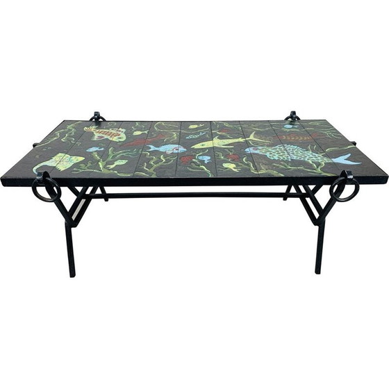 Image 1 of Table basse vintage en fer forgé et lave émaillée par Jacques Adnet et Guidette Carbonell, France 1950