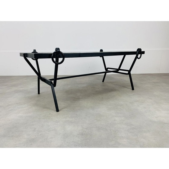 Image 1 of Table basse vintage en fer forgé et lave émaillée par Jacques Adnet et Guidette Carbonell, France 1950