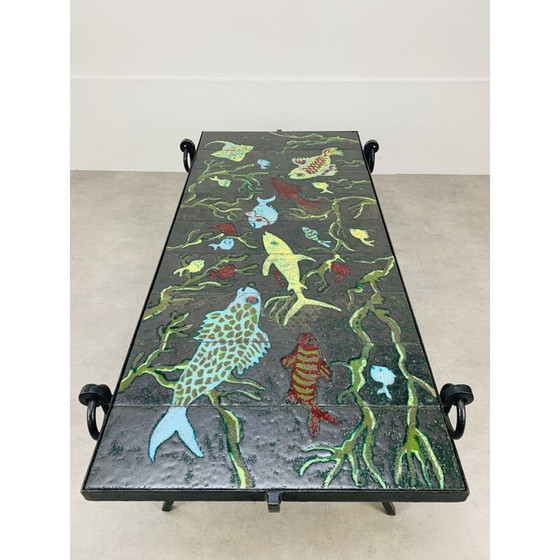 Image 1 of Table basse vintage en fer forgé et lave émaillée par Jacques Adnet et Guidette Carbonell, France 1950