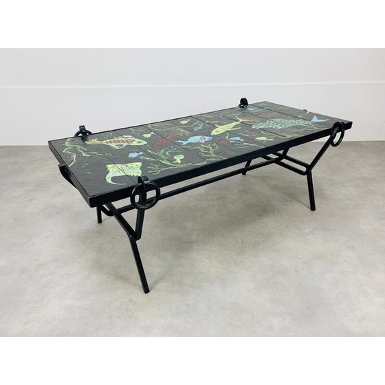 Image 1 of Table basse vintage en fer forgé et lave émaillée par Jacques Adnet et Guidette Carbonell, France 1950