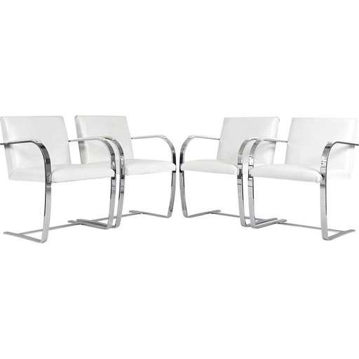 Chaises de salle à manger Flat Bar 255 en cuir blanc et acier chromé par Mies Van der Rohe pour Knoll Studio