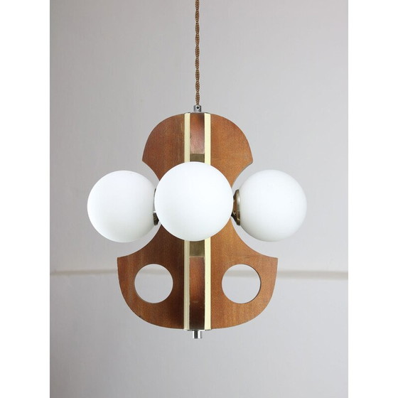 Image 1 of Lustre vintage en acier chromé et verre opalin, 1960