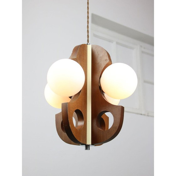 Image 1 of Lustre vintage en acier chromé et verre opalin, 1960