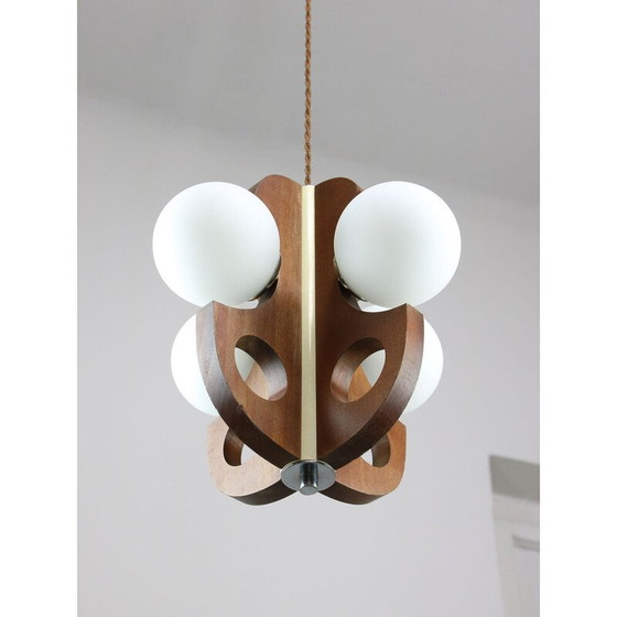 Image 1 of Lustre vintage en acier chromé et verre opalin, 1960