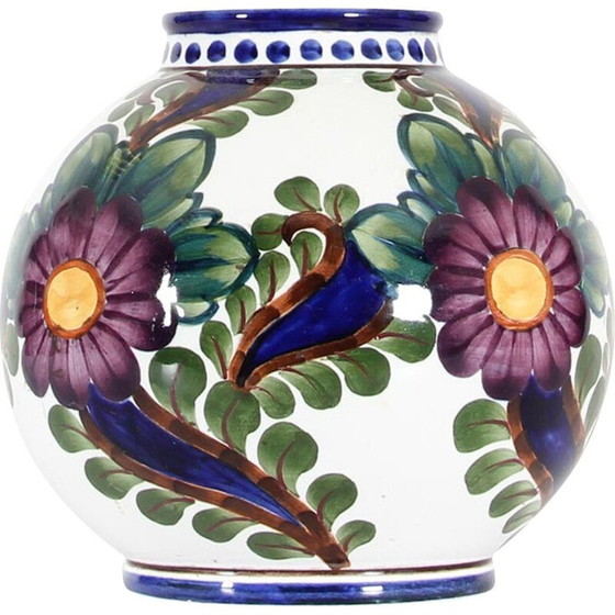 Image 1 of Vase rond scandinave vintage en céramique avec motifs floraux par Harald Slott-Moeller pour Aluminia, 1930