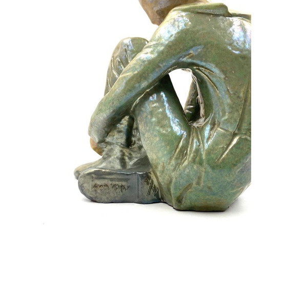 Image 1 of Figurine vintage en céramique verte d'un garçon assis par Giordano Tronconi, Italie 1950