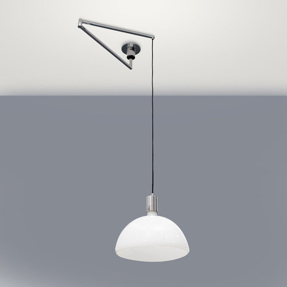 Image 1 of Lustre vintage "AS/AM" en métal chromé et verre opalin par Franco Albini et Franca Helg pour Sirrah, Italie 1970