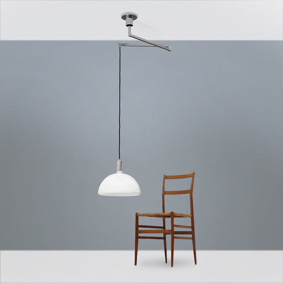 Image 1 of Lustre vintage "AS/AM" en métal chromé et verre opalin par Franco Albini et Franca Helg pour Sirrah, Italie 1970