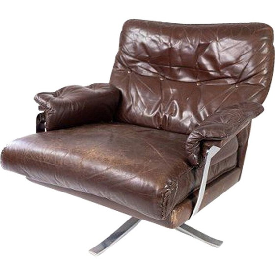 Image 1 of Fauteuil vintage en cuir marron avec structure en métal par Arne Norell 1970