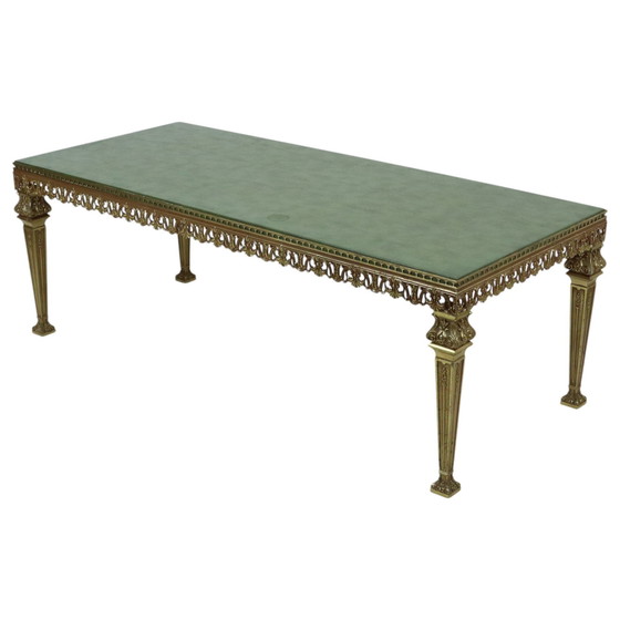 Image 1 of Table basse Hollywood Regency en cuir et laiton