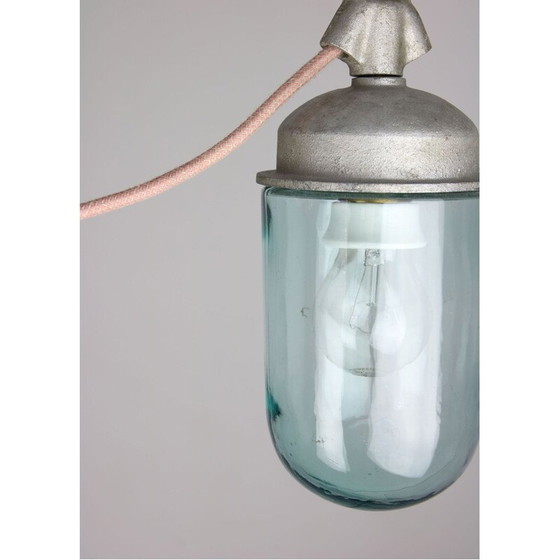 Image 1 of Paire de cintres industriels vintage en verre bleu et métal gris