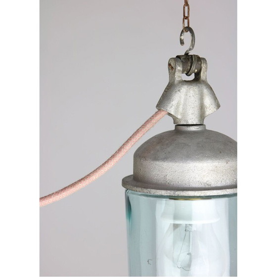 Image 1 of Paire de cintres industriels vintage en verre bleu et métal gris