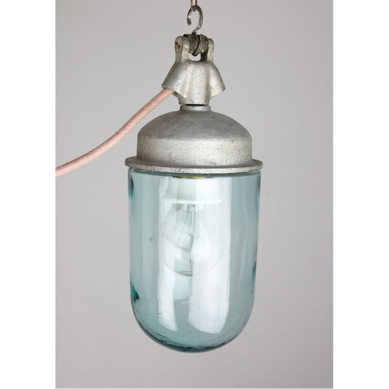 Image 1 of Paire de cintres industriels vintage en verre bleu et métal gris