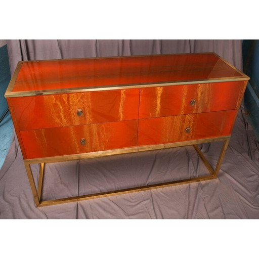 Commode vintage en loupe de bois, laiton et acajou pour Jansen, 1970