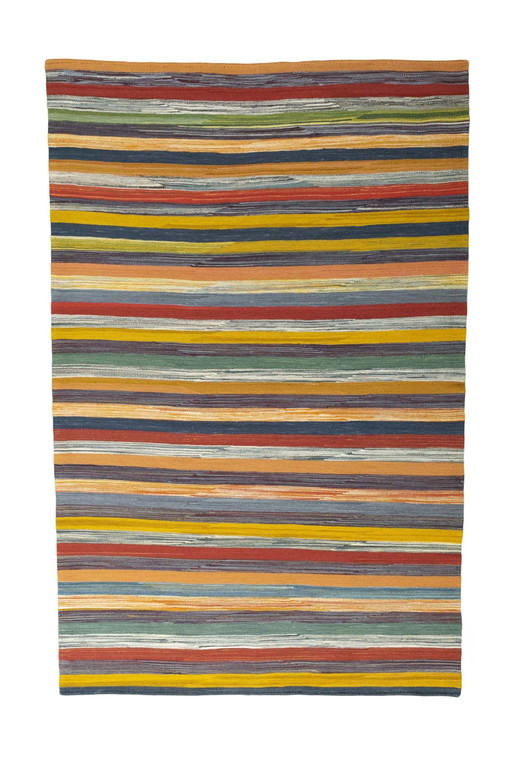 Designer Kelim Fars tissé à la main - 250 X 162 cm - Rayures modernes et couleurs naturelles