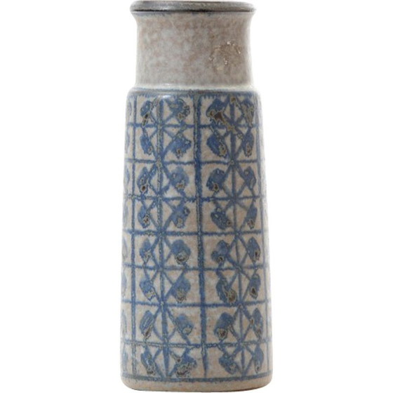 Image 1 of Vase cylindrique scandinave vintage en céramique avec des motifs bleus par Marianne Starck pour Michael Andersen and Son, 1970