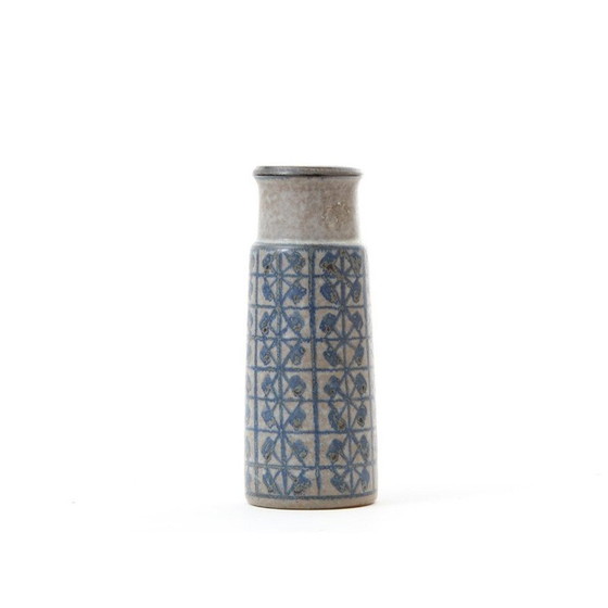 Image 1 of Vase cylindrique scandinave vintage en céramique avec des motifs bleus par Marianne Starck pour Michael Andersen and Son, 1970