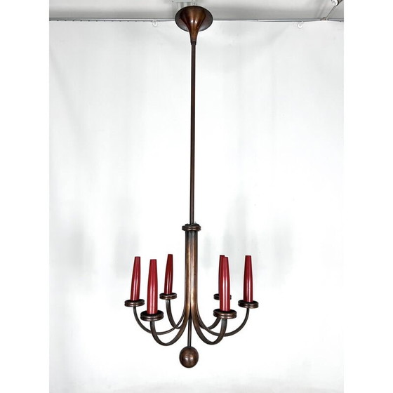 Image 1 of Lustre à six bras de lumière en cuivre, Italie, Mid Century, années 1950