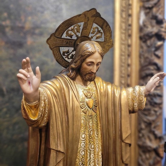Image 1 of Sculpture vintage du Sacré-Cœur de Jésus en pâte à papier, Espagne