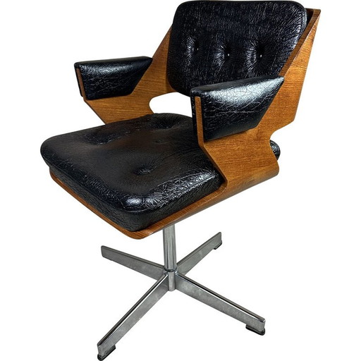Fauteuil pivotant vintage en frêne et faux cuir par Martin Stoll, Suisse 1960