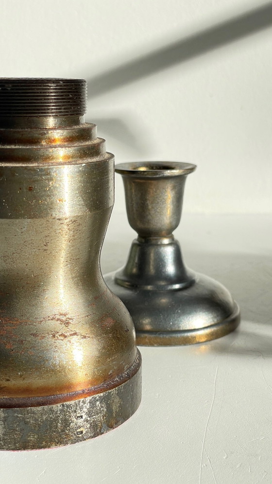 Image 1 of Bougeoirs Industriels Acier Et Bronze Argenté Vintage