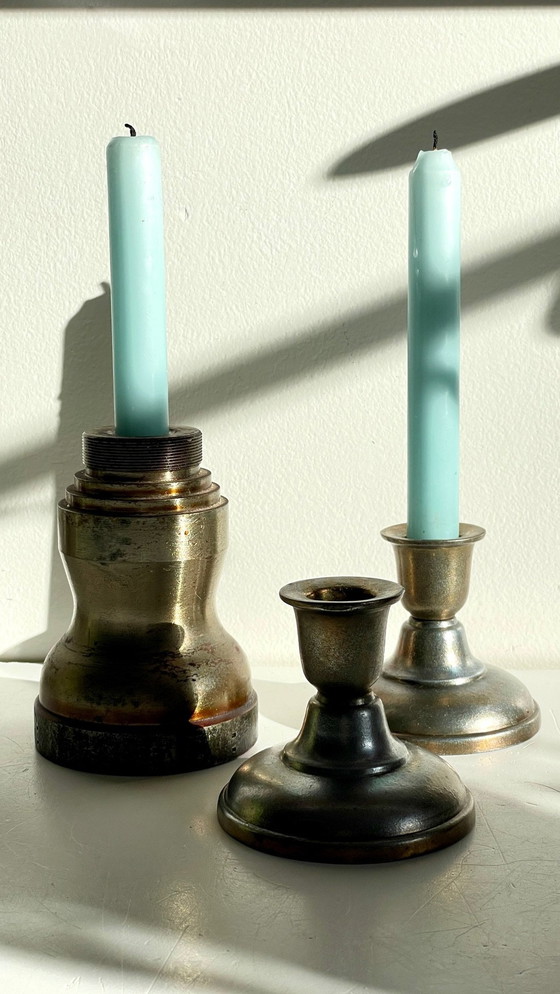 Image 1 of Bougeoirs Industriels Acier Et Bronze Argenté Vintage