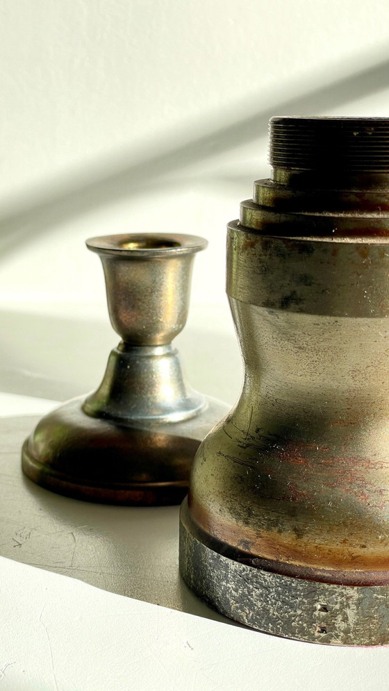 Image 1 of Bougeoirs Industriels Acier Et Bronze Argenté Vintage