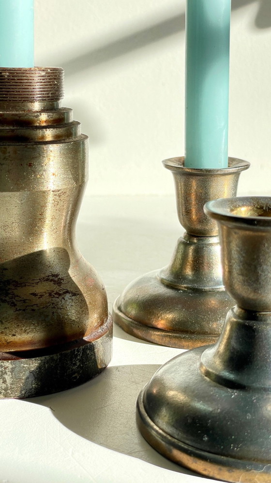 Image 1 of Bougeoirs Industriels Acier Et Bronze Argenté Vintage