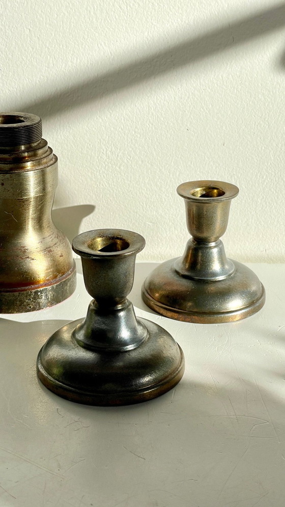 Image 1 of Bougeoirs Industriels Acier Et Bronze Argenté Vintage