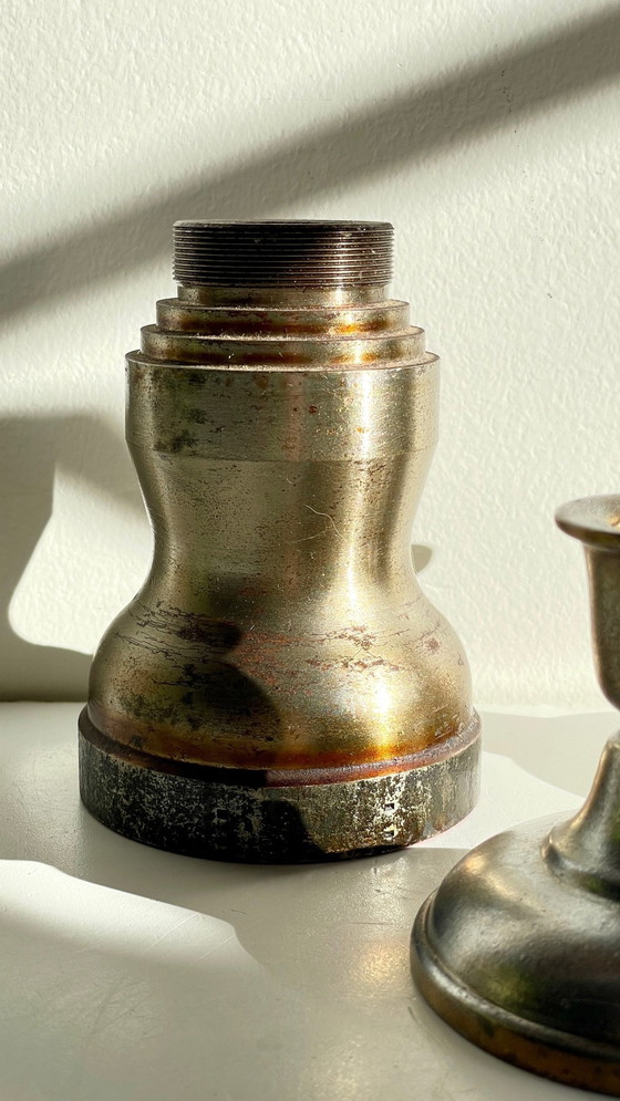 Image 1 of Bougeoirs Industriels Acier Et Bronze Argenté Vintage