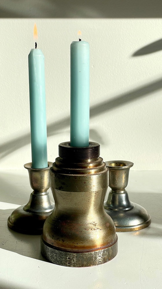 Image 1 of Bougeoirs Industriels Acier Et Bronze Argenté Vintage