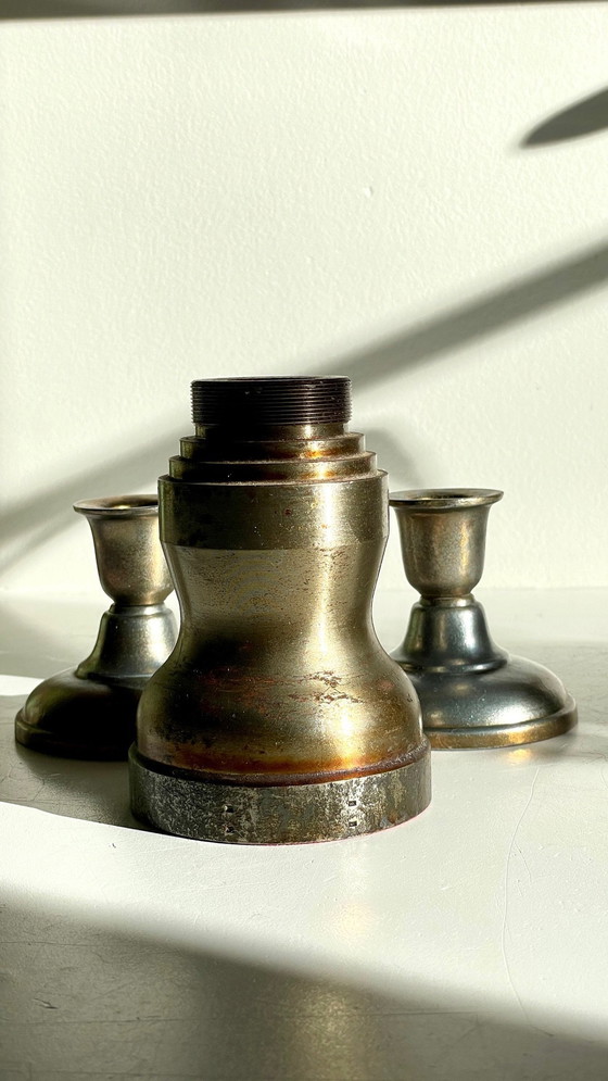 Image 1 of Bougeoirs Industriels Acier Et Bronze Argenté Vintage